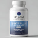 Supplement bottle labeled '5-HTP Plus' by Dr. Emil Nutrition on a gray background