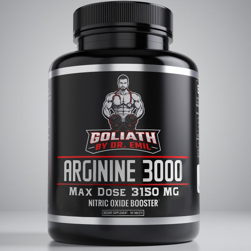 Supplement bottle labeled 'Goliath by Dr. Emil' with 'Arginine 3000' on a gray background
