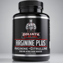 Supplement bottle labeled 'Arginine Plus' by Goliath by Dr. Emil on a gray background