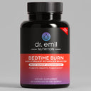 Dietary supplement bottle labeled 'Bedtime Burn' by dr. emil nutrition on a gray background