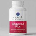 Supplement bottle labeled 'Berberine Plus' by dr. emil nutrition on a gray background