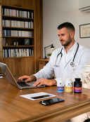 Doctor working on a laptop with medical supplies on a desk in an office setting.