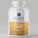 Supplement bottle labeled 'Lion's Mane - 60 Day Supply' by Dr. Emil Nutrition on a gray background