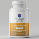 Supplement bottle labeled 'Lion's Mane' by dr. emil nutrition on a gray background