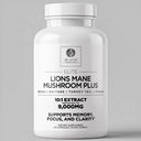 Supplement bottle labeled 'Lions Mane Mushroom Plus' by Dr. Emil on a gray background
