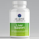 Supplement bottle labeled 'Liver Support' by dr. emil Nutrition on a gray background