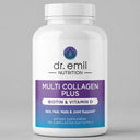 Supplement bottle labeled 'Multi Collagen Plus - 60 Day Supply' by Dr. Emil Nutrition on a gray background