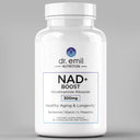 Supplement bottle labeled 'NAD+ Boost' by Dr. Emil Nutrition on a gray background