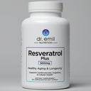 Supplement bottle labeled 'Resveratrol Plus' by Dr. Emil Nutrition on a gray background