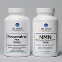 Two bottles of Dr. Emil Nutrition supplements on a gray background