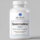 Supplement bottle labeled 'Spermidine' by Dr. Emil Nutrition on a gray background