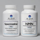 Two bottles of Dr. Emil Nutrition supplements on a gray background