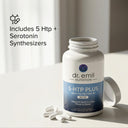 Vitamin supplement bottle labeled '5-HTP Plus' by Dr. Emil Nutrition on a light background.