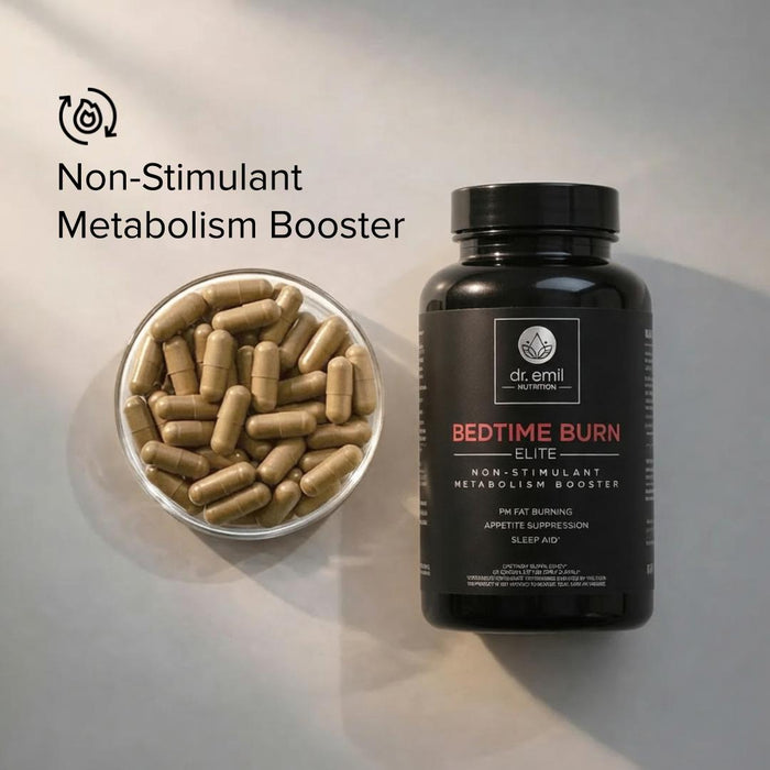Black bottle of 'Dr. Emil Bedtime Burn Elite' non-stimulant metabolism booster with capsules on a light gray background.