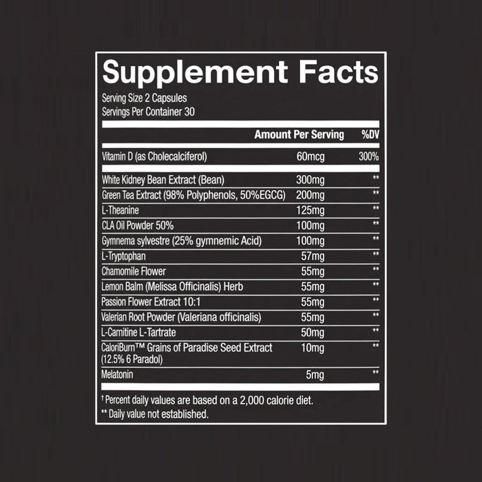 Supplement facts label with various ingredients and their amounts on a black background