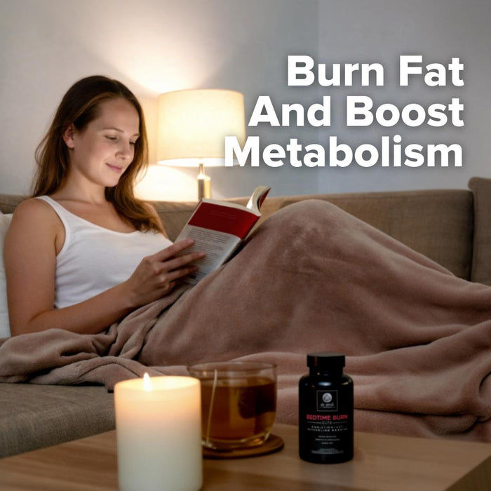 Woman reading a book on a couch with a candle and glass of tea on a table, text 'Burn Fat And Boost Metabolism' above.