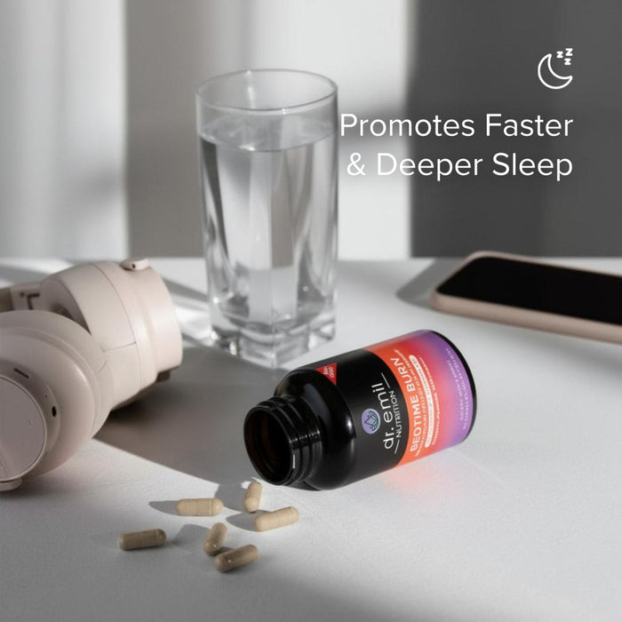 Bottle of pills with capsules on a table next to a glass of water and smartphone, with text promoting sleep improvement.