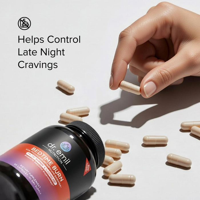 Hand picking a supplement capsule from a bottle labeled 'dr emil' with text about controlling late night cravings on a light background.