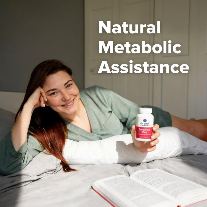 Woman in bed holding a bottle of supplements with text 'Natural Metabolic Assistance'.