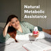 Woman in bed holding a bottle of supplements with text 'Natural Metabolic Assistance'.
