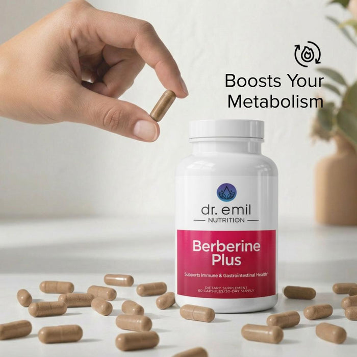 Dr. Emil Nutrition Berberine Plus supplement bottle with capsules on a light background