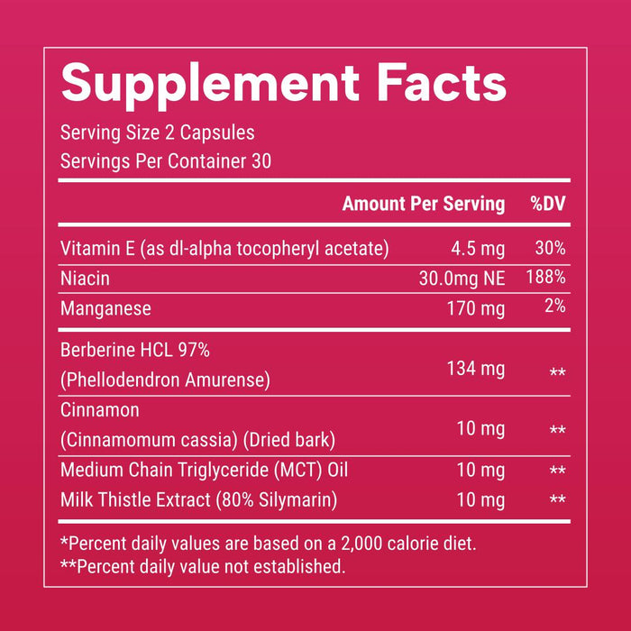 Berberine Plus Supplement facts label on a pink background
