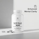 Supplement bottle labeled '5HTP Plus' with text 'Enhanced Mental Clarity' on a light gray background.