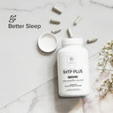 Supplement bottle labeled '5HTP Plus' on a marble surface with 'Better Sleep' branding.