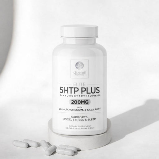 Supplement bottle labeled '5HTP Plus' with capsules on a light background