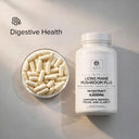 Supplement bottle labeled 'Lions Mane Mushroom Plus' with a bowl of capsules on a neutral background, emphasizing digestive health.