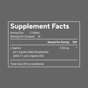 Supplement facts label with L-Arginine content on a gray background