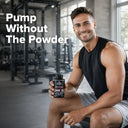 Man holding a supplement bottle in a gym setting with text 'Pump Without The Powder'.