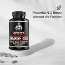 Supplement bottle labeled 'Arginine 3000' by Goliath on a white background