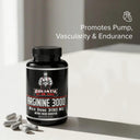 Supplement bottle labeled 'Arginine 3000' by Goliath by Dr. Emil on a neutral background
