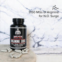 Supplement bottle labeled 'Goliath Arginine 3000' with capsules on a marble surface.