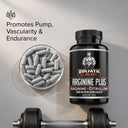 Bottle of Goliath Arginine Plus supplement with capsules and a dumbbell on a gray background