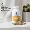 Bottle of dr. emil Nutrition Lion's Mane supplement with capsules on a surface next to a cactus.