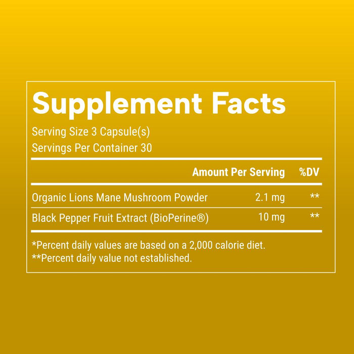 Lion's Mane Supplement facts label for Organic Lions Mane Mushroom Powder and Black Pepper Fruit Extract on a yellow background