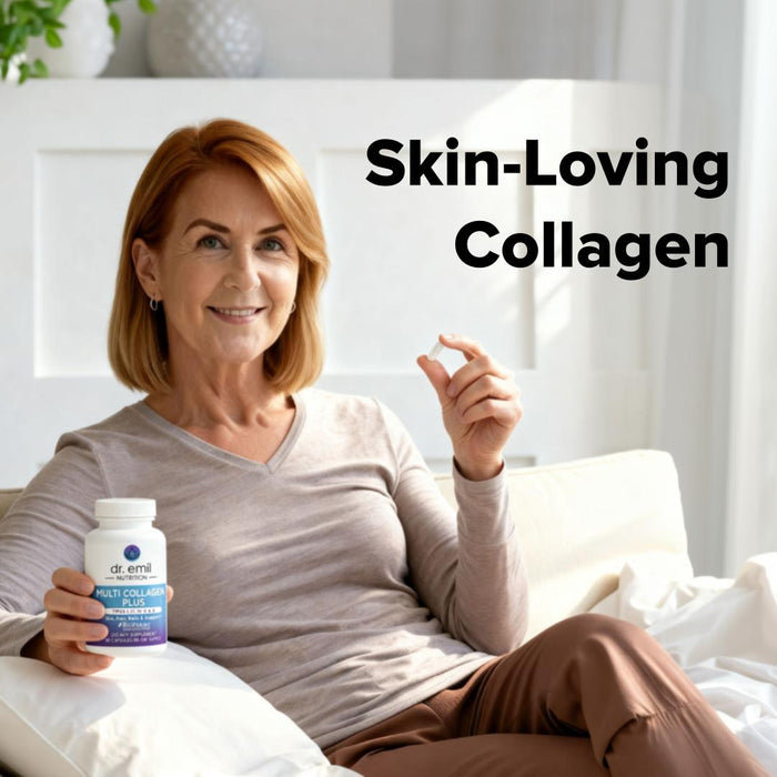 Woman holding a bottle of Dr. Emil Multi-Collagen in a home setting with text 'Skin-Loving Collagen'.