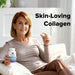 Woman holding a bottle of Dr. Emil Multi-Collagen in a home setting with text 'Skin-Loving Collagen'.