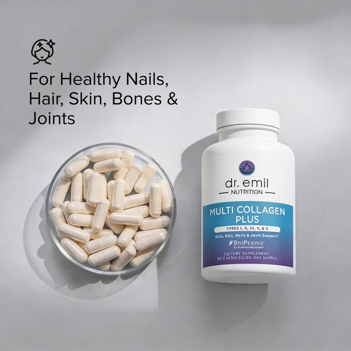 Dr. Emil Nutrition Multi Collagen Plus supplement bottle with capsules on a light gray background.  Text on image reads "For Healthy Nails, Hair, Skin, Bones & Joints'