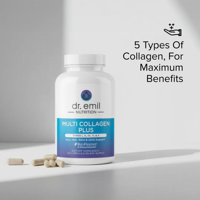 Dr. Emil Nutrition Multi Collagen Plus supplement bottle on a light gray background.  Text on the image reads "5 Types of Collagen, For Maximum Benefits'