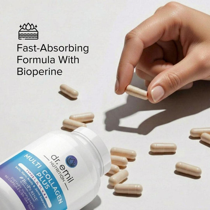 Hand picking a supplement capsule from a bottle labeled 'dr Emil Multi Collagen Plus' on a light background. Text on the image read 'Fast-Absorbing Formula with Bioperine'