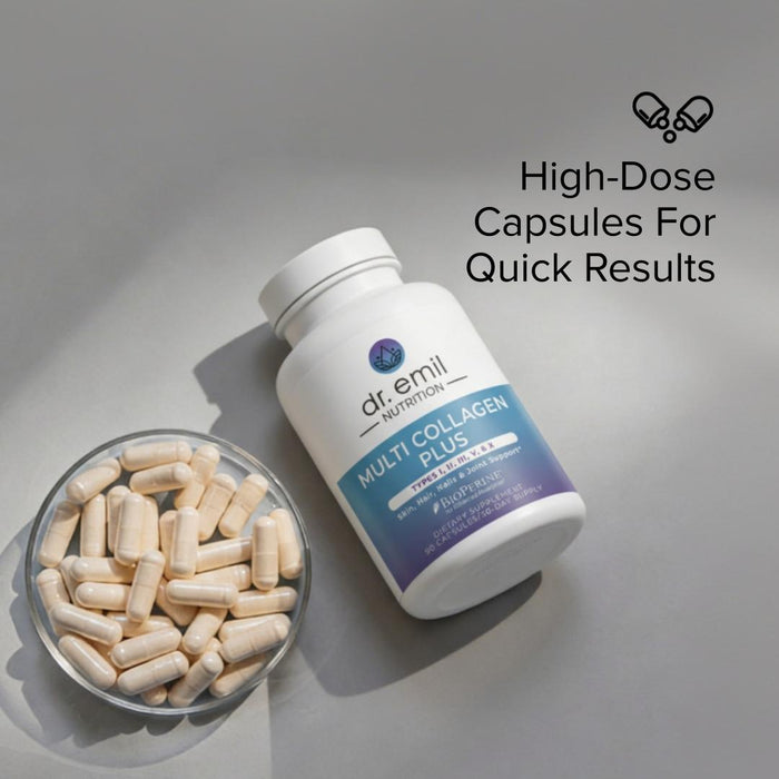 Dr. Emil Multi Collagen Plus supplement bottle with capsules on a gray background.  Text on the image reads 'High-Dose Capsules For Quick Results'