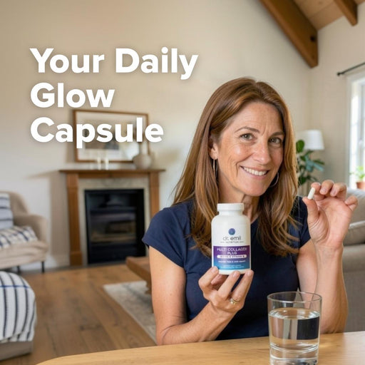 Woman holding a supplement bottle with text 'Your Daily Glow Capsule' in a home setting.