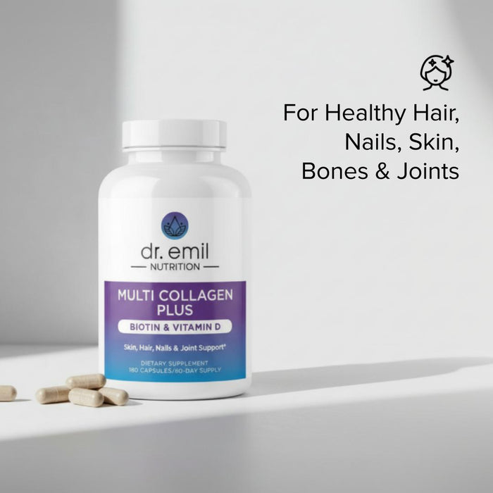 Dr. Emil Nutrition Multi Collagen Plus supplement bottle on a white background.  Text reads 'For Healthy Hair, Nails, Skin, Bones & Joints'
