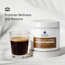 Mushroom coffee jar with a glass of coffee on a light background, featuring 'dr. emil' brand.