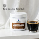 Jar of dr. emil Mushroom Coffee with a glass of coffee on a white surface.