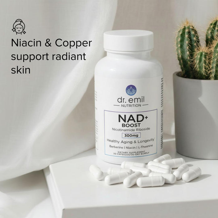 Dr. Emil NAD+ Boost supplement bottle with capsules on a light surface, featuring text about niacin and copper benefits.