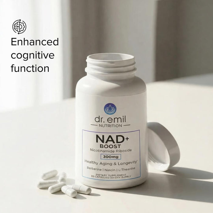 Dr. Emil Nutrition NAD+ Boost supplement bottle with capsules on a light surface.